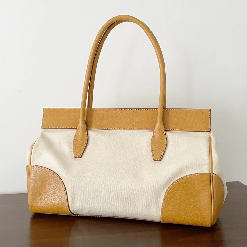 Prada Canapa canvas and orange leather button detail satchel bag